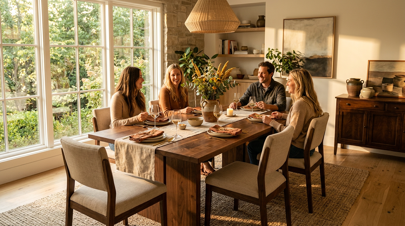 Walnut dining table set in a sunlit dining room